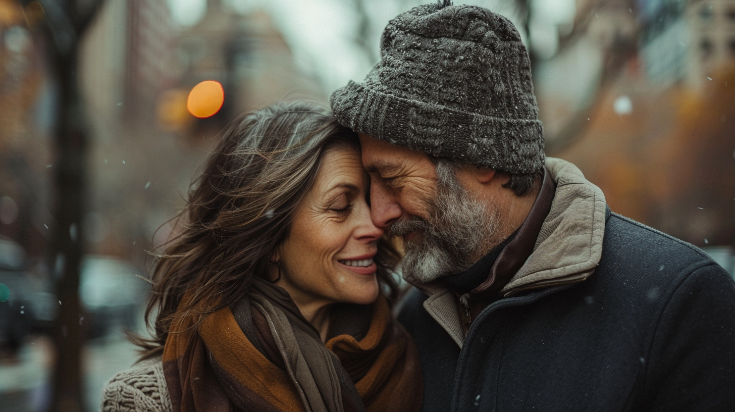 A mature couple embraces closely on a snowy city street, their foreheads gently touching as they smile with eyes closed, radiating warmth and connection. This image beautifully captures the essence of love and intimacy, symbolizing the emotional bonds that couples can nurture and strengthen through therapy.