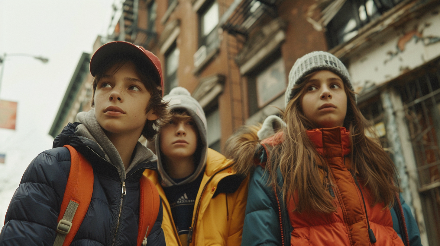 Three children dressed in winter coats, walking together in an urban New York City neighborhood, looking thoughtful and contemplative—ideal for representing the challenges and emotions addressed in child and adolescent therapy services.