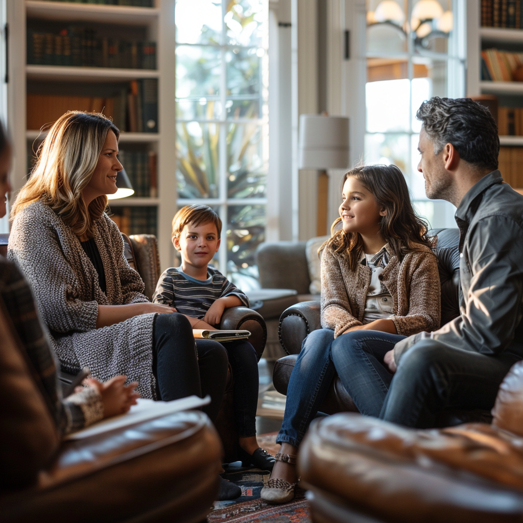 In this image, a well-dressed family sits together in a cozy, welcoming living room, engaged in a positive and meaningful conversation. A mother, father, and their two children appear relaxed and attentive as they talk with Dr. Deborah Grody, a family therapist, who is off-frame. The warm sunlight streaming through the large window and the comfortable setting emphasize the supportive, nurturing environment Dr. Grody provides during her family therapy sessions, focusing on helping families build stronger, healthier relationships.